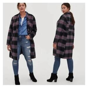 Torrid Black Green Pink Plaid Woolen One Button Longline Blazer Jacket Plus 3X